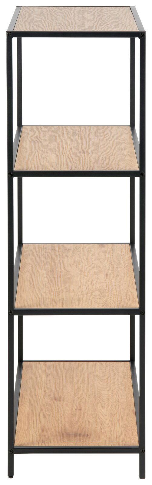 Frontale Ansicht eines Bücherregals mit vier Holzregalböden und schwarzem Metallrahmen.