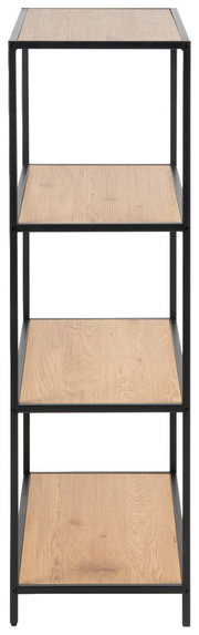 Frontale Ansicht eines Bücherregals mit vier Holzregalböden und schwarzem Metallrahmen.