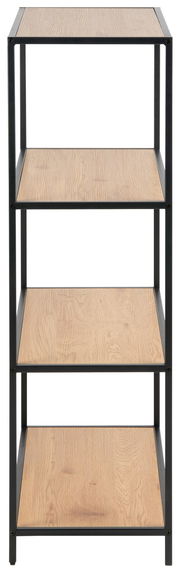 Frontale Ansicht eines Bücherregals mit vier Holzregalböden und schwarzem Metallrahmen.