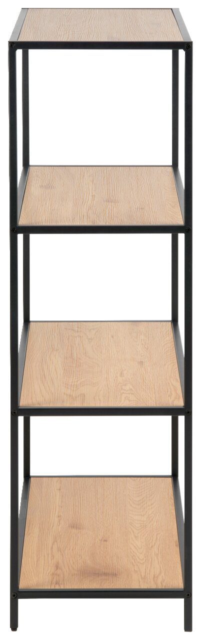 Vooraanzicht van een boekenkast met vier houten planken en een zwart metalen frame.