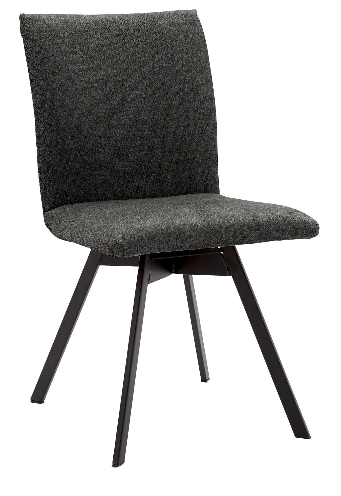 Moderner grauer Stuhl mit schwarzem Metallgestell, seitliche Perspektive