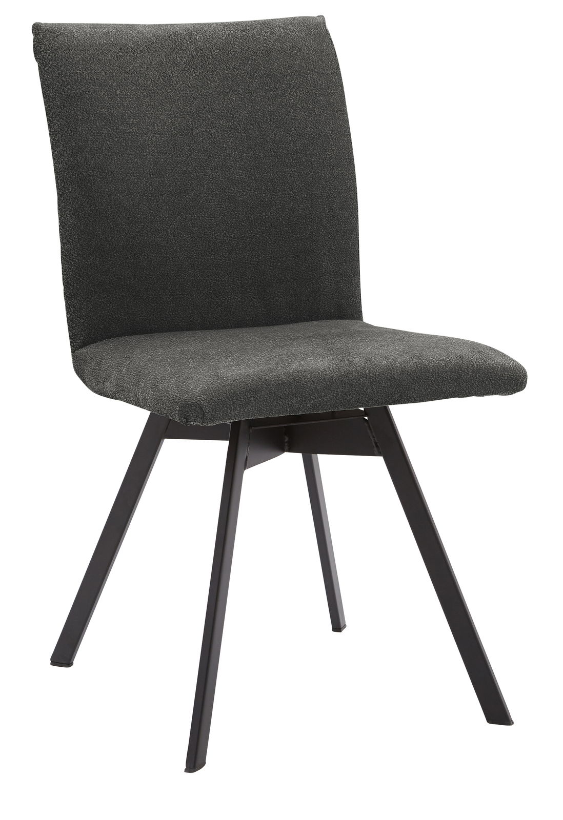 Moderner grauer Stuhl mit schwarzem Metallgestell, seitliche Perspektive