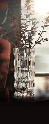 Elegante Vase aus Kristallglas mit facettierter Oberfläche, gefüllt mit dekorativen Zweigen, seitliche Perspektive.