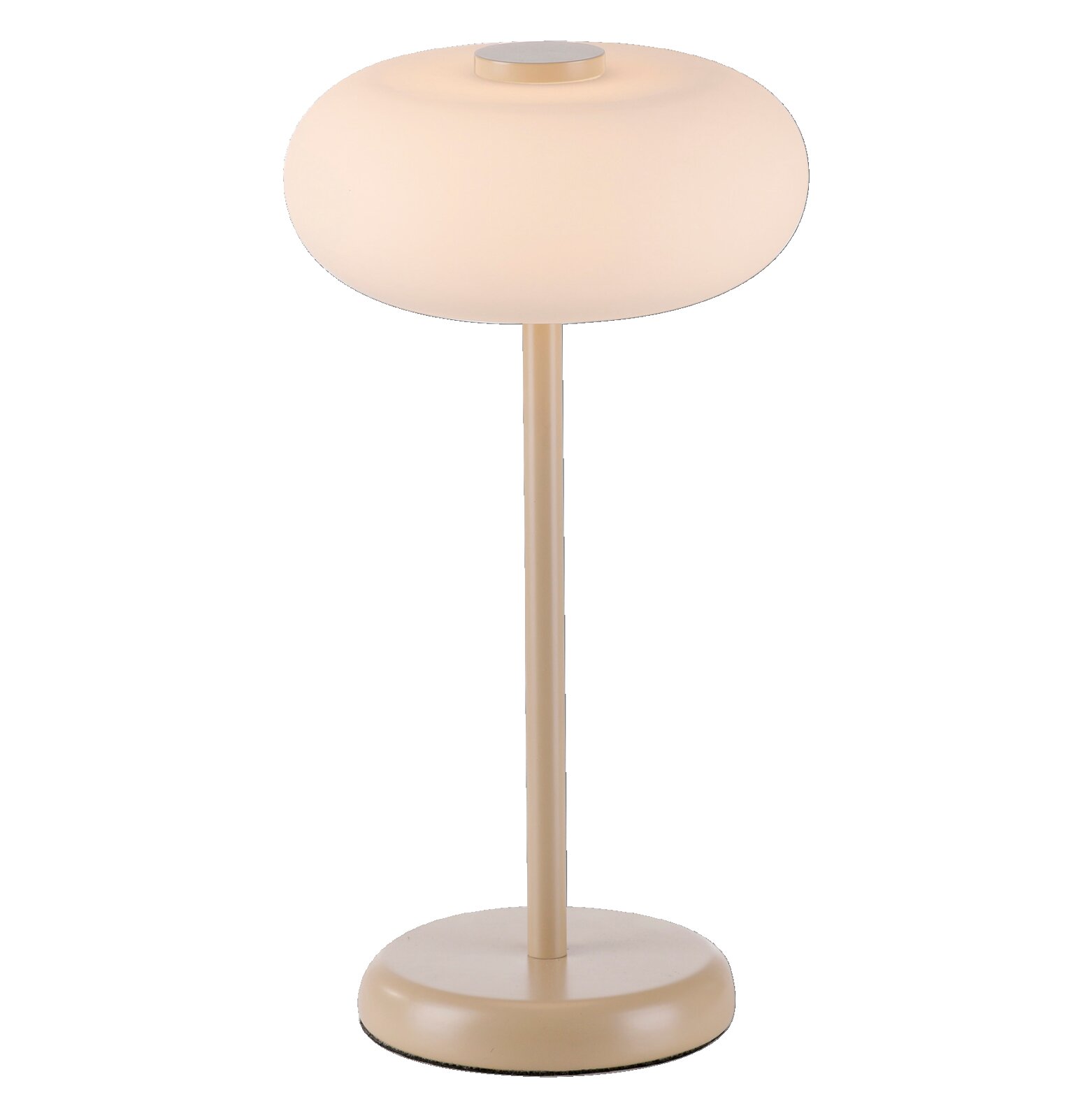 Beige tafellamp met een ronde, opale lampenkap en een slanke staafvoet op een ronde voet, van voren gefotografeerd vanuit een licht bovenaanzicht tegen een grijze achtergrond