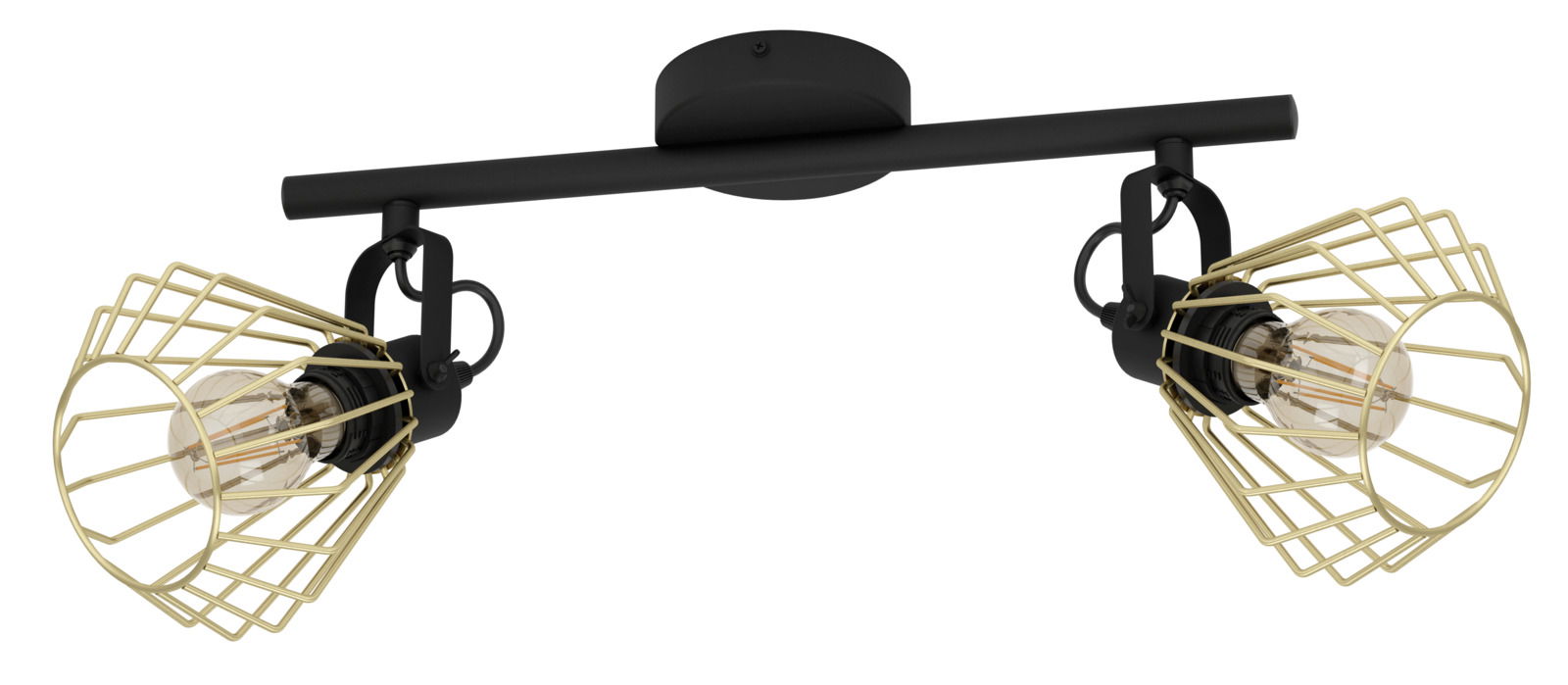 Zweiflammiger Strahler mit schwarzer Halterung und goldenen Gitterlampenschirmen, seitliche Perspektive