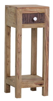 Beistelltisch aus Holz mit Schublade und unterem Ablagefach, seitliche Perspektive