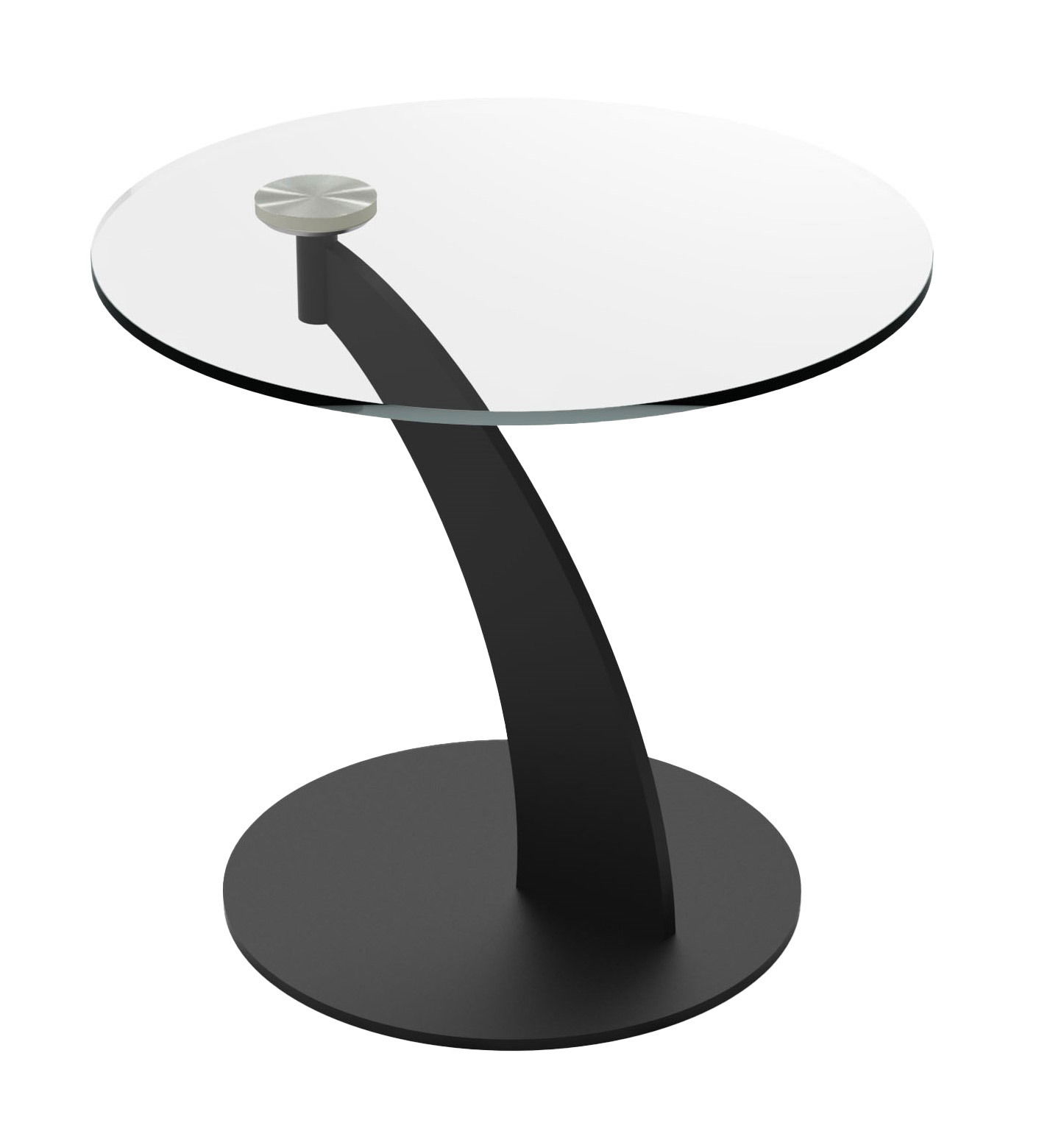 Moderner Beistelltisch mit rundem Glasplatte und gebogenem schwarzen Metallfuß, seitliche Perspektive