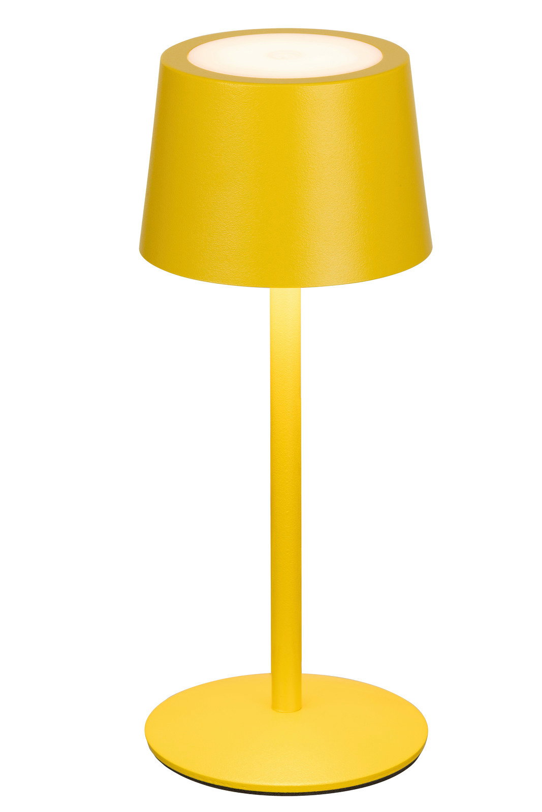 Gelbe Akku-Tischleuchte in Frontalansicht mit modernem, minimalistischem Design.