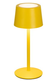 Gelbe Akku-Tischleuchte in Frontalansicht mit modernem, minimalistischem Design.