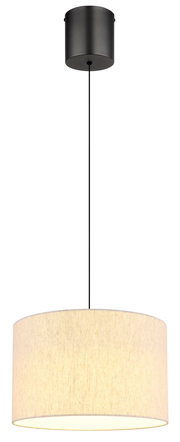 Hängeleuchte mit schwarzem Kabel und zylindrischem, cremefarbenem Lampenschirm, Ansicht von vorne