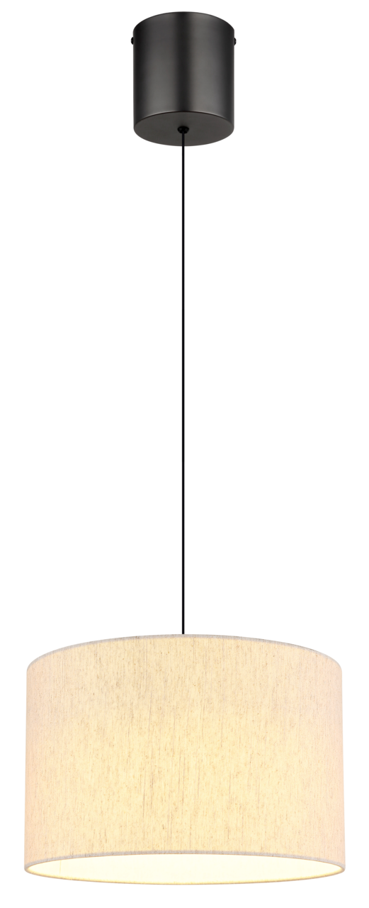 Hängeleuchte mit schwarzem Kabel und zylindrischem, cremefarbenem Lampenschirm, Ansicht von vorne