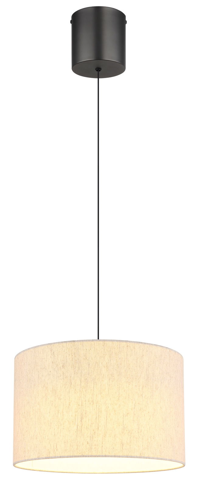 Hängeleuchte mit schwarzem Kabel und zylindrischem, cremefarbenem Lampenschirm, Ansicht von vorne