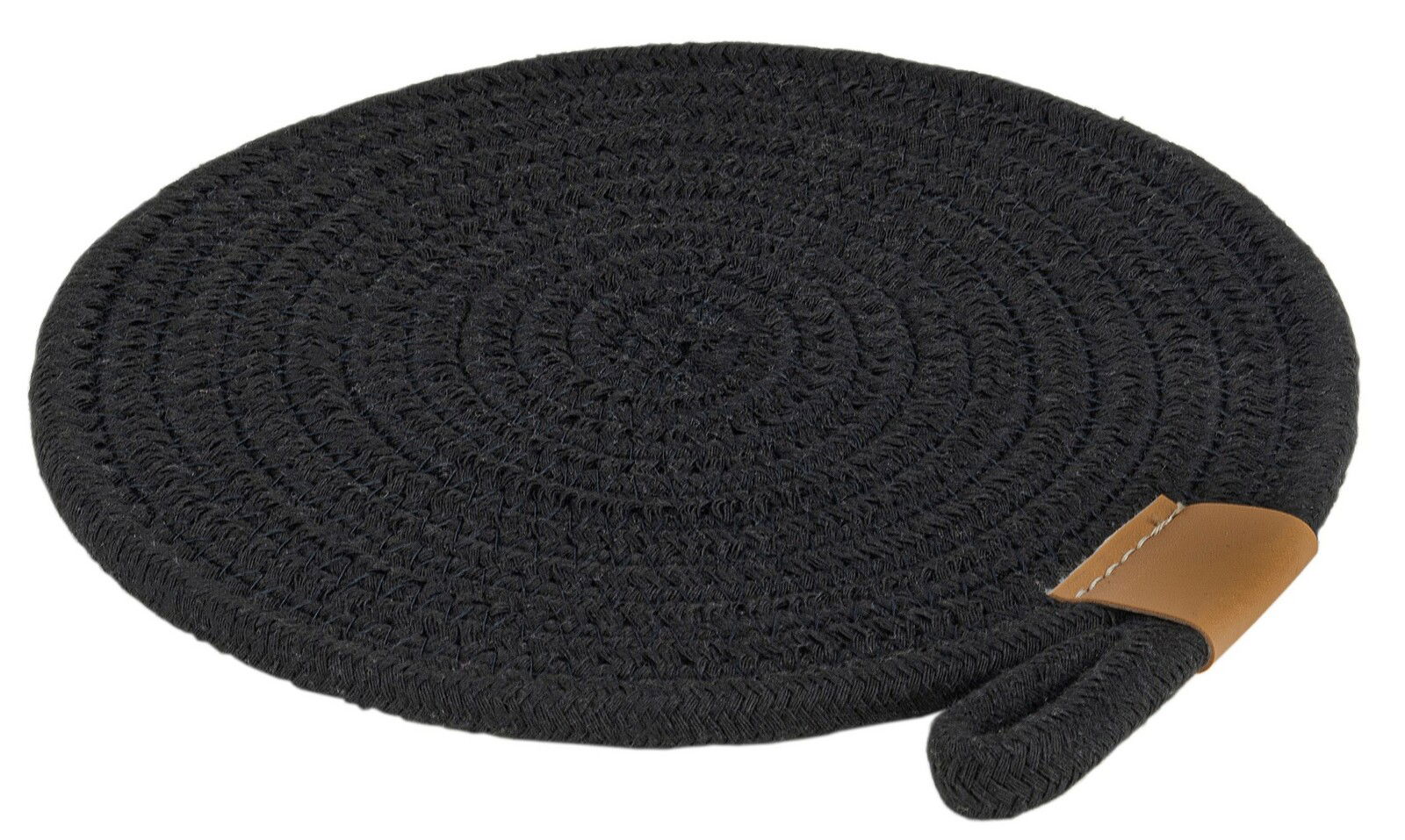 Justinus Topfuntersetzer LIFE STYLE Schwarzer, runder Topfuntersetzer aus geflochtenem Material mit Lederdetail, seitliche Perspektive