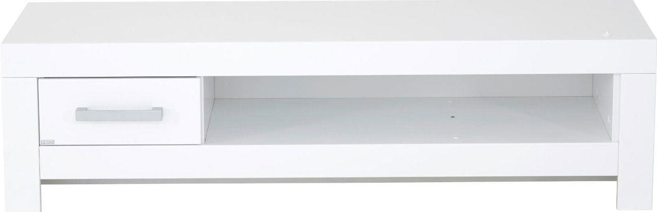 Weißes Lowboard mit einer Schublade und einem offenen Fach, frontal fotografiert.