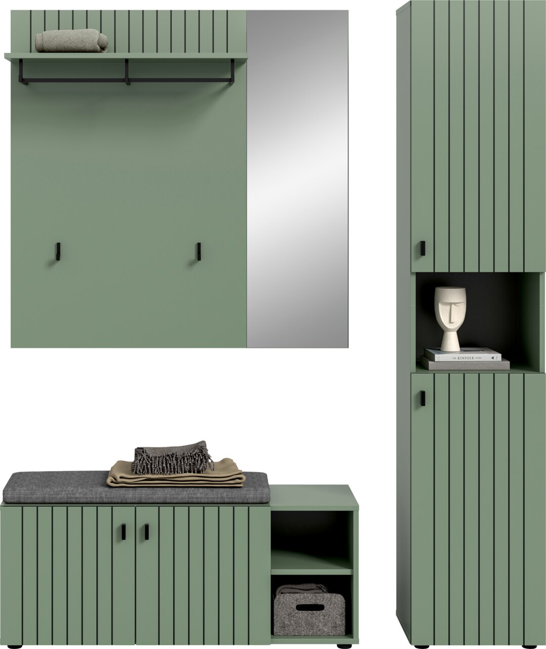 Modernes grünes Garderoben- und Aufbewahrungsset mit vertikaler Rillenfront, Wandpaneel mit Spiegel und Ablage sowie hoher Schrankvitrine und Bank mit Kissen; Frontansicht