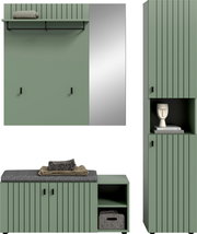 Modernes grünes Garderoben- und Aufbewahrungsset mit vertikaler Rillenfront, Wandpaneel mit Spiegel und Ablage sowie hoher Schrankvitrine und Bank mit Kissen; Frontansicht