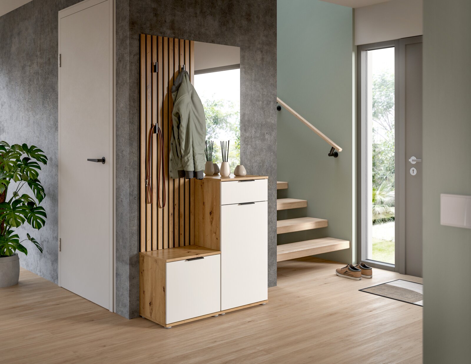 Kompaktgarderobe in einem modernen Flur mit Holz- und Weißtönen, seitliche Perspektive