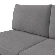 Graues 3-Sitzer Sofa mit Funktion, Nahaufnahme der Rückenlehne und Sitzfläche, seitliche Perspektive