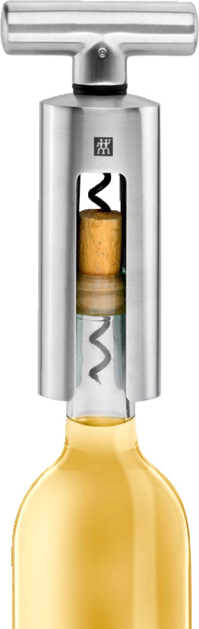 ZWILLING Korkenzieher 19 cm SOMMELIER Moderner Korkenzieher aus Edelstahl in Nahaufnahme, der auf einer Weinflasche platziert ist.