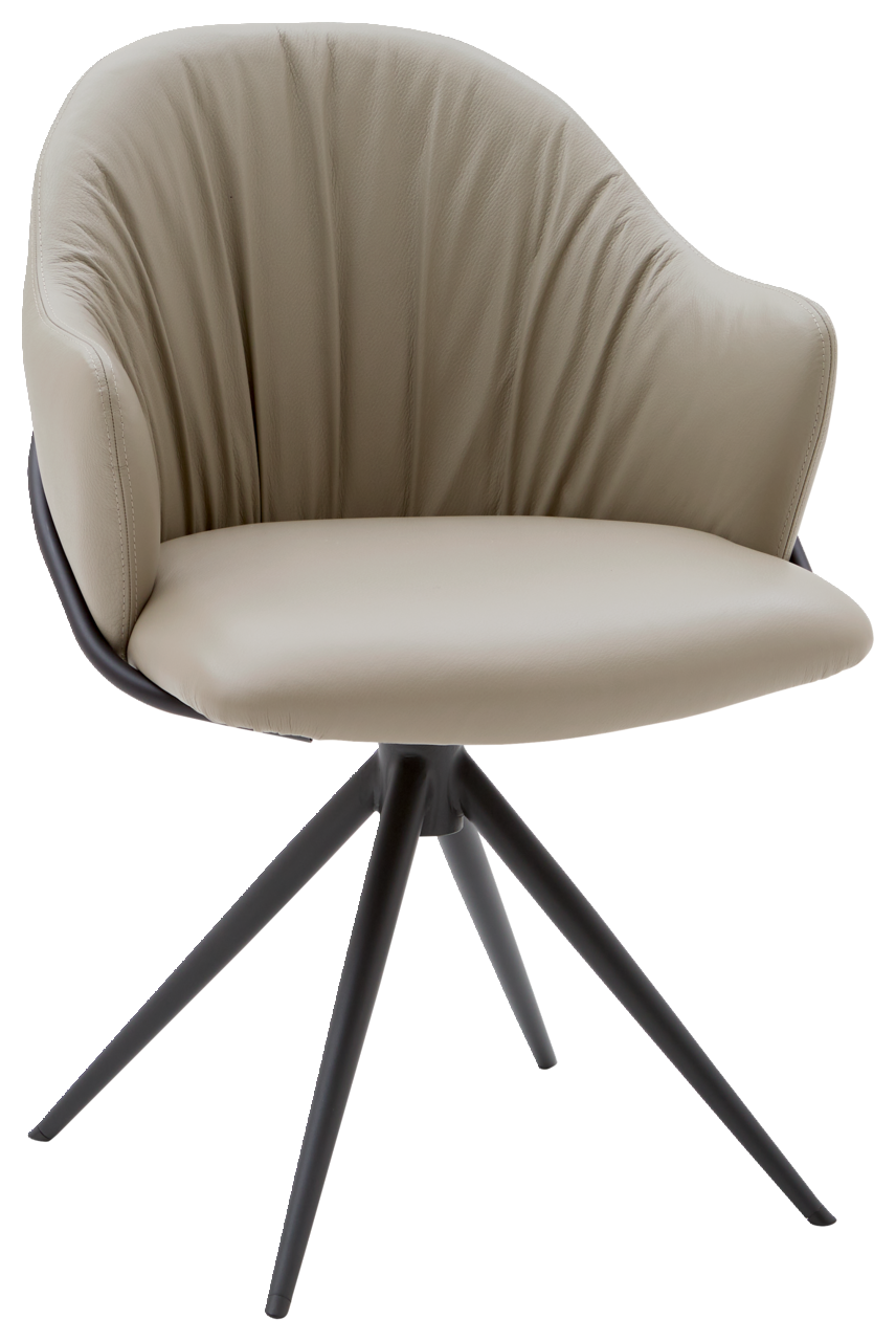 Beiger Armlehnstuhl mit gepolsterter Sitzfläche und Rückenlehne, schwarzes Metallgestell, seitliche Perspektive