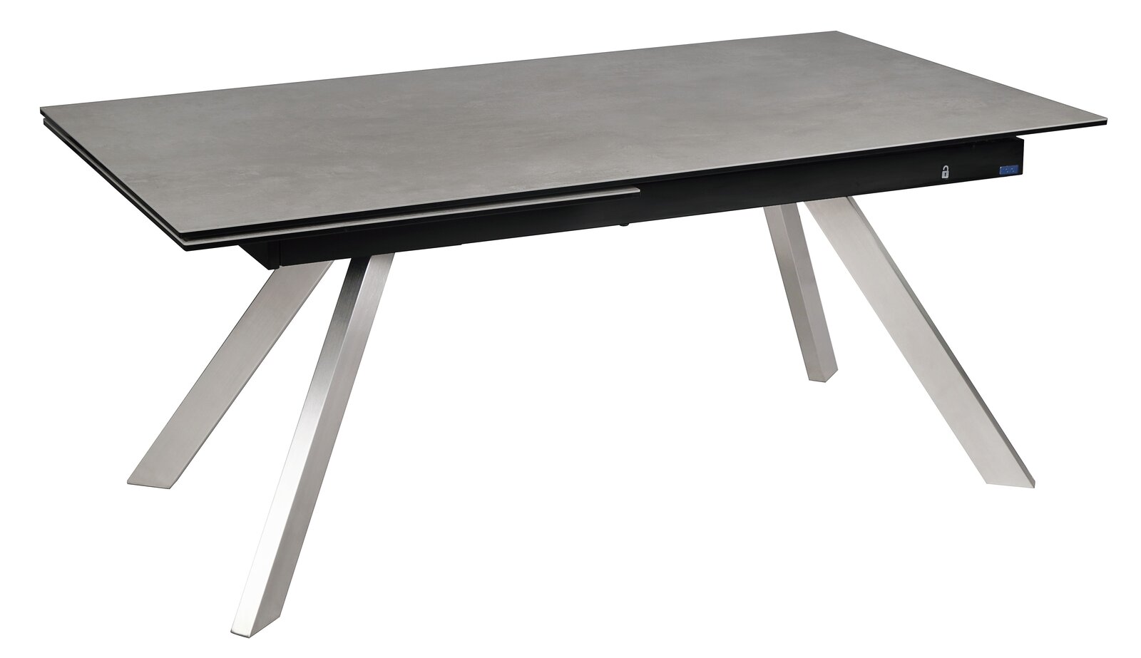 Moderner Esstisch mit grauer Tischplatte und schrägen Metallbeinen, seitliche Perspektive