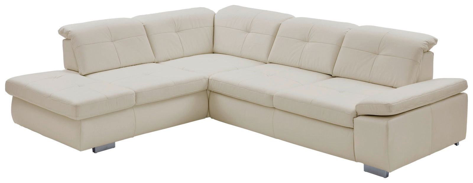 Eckgarnitur in cremefarbenem Leder, perspektivisch von vorne links fotografiert