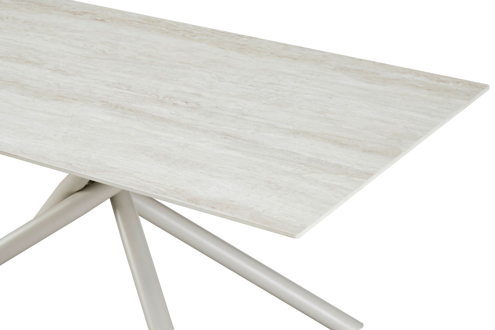 Z2 Esstisch RÜDIGER Moderner Esstisch mit heller Tischplatte und schrägen Metallbeinen, seitliche Perspektive
