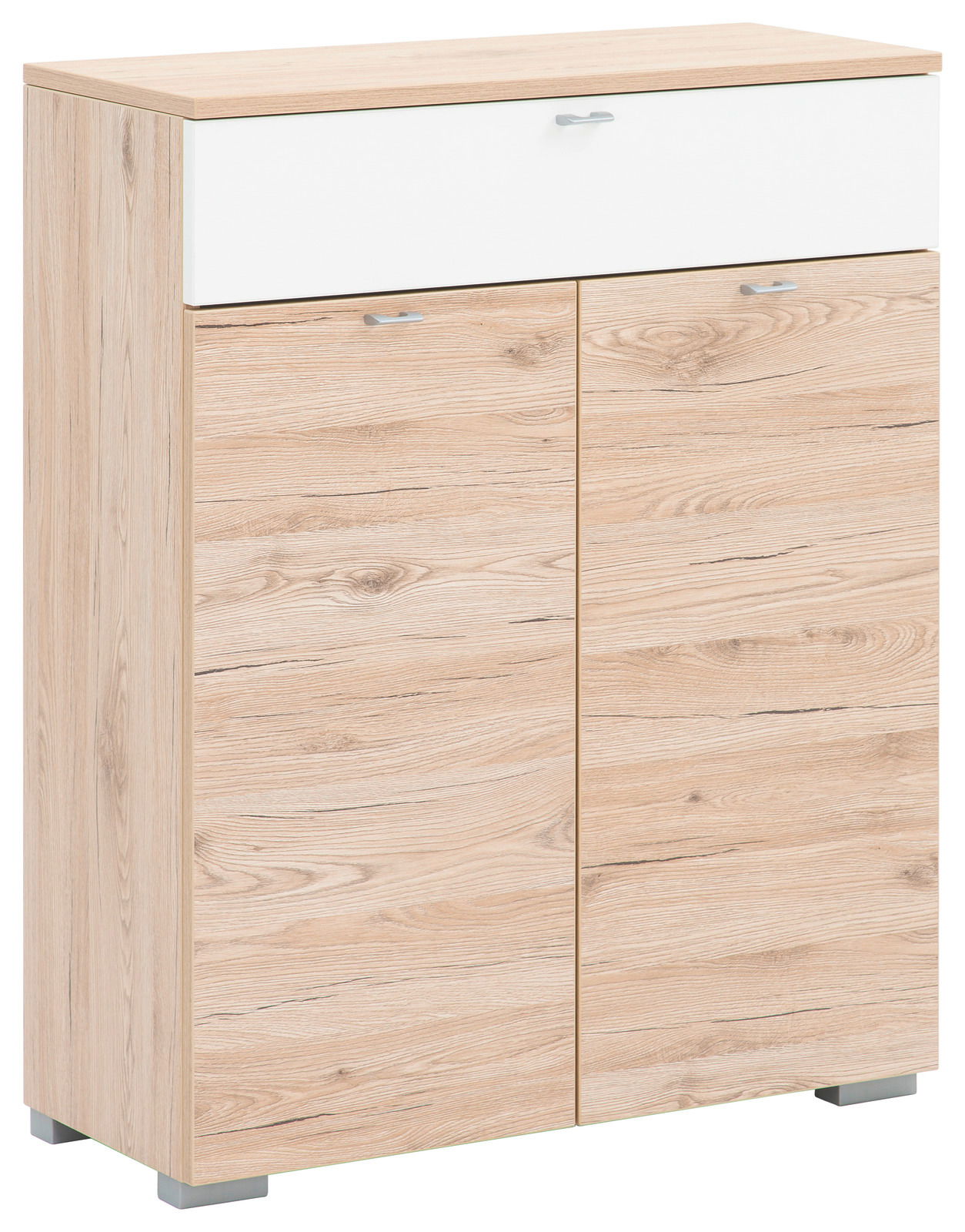 Schuhschrank aus Holz mit zwei Türen und einer Schublade, Perspektive von vorne links