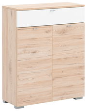 Schuhschrank aus Holz mit zwei Türen und einer Schublade, Perspektive von vorne links