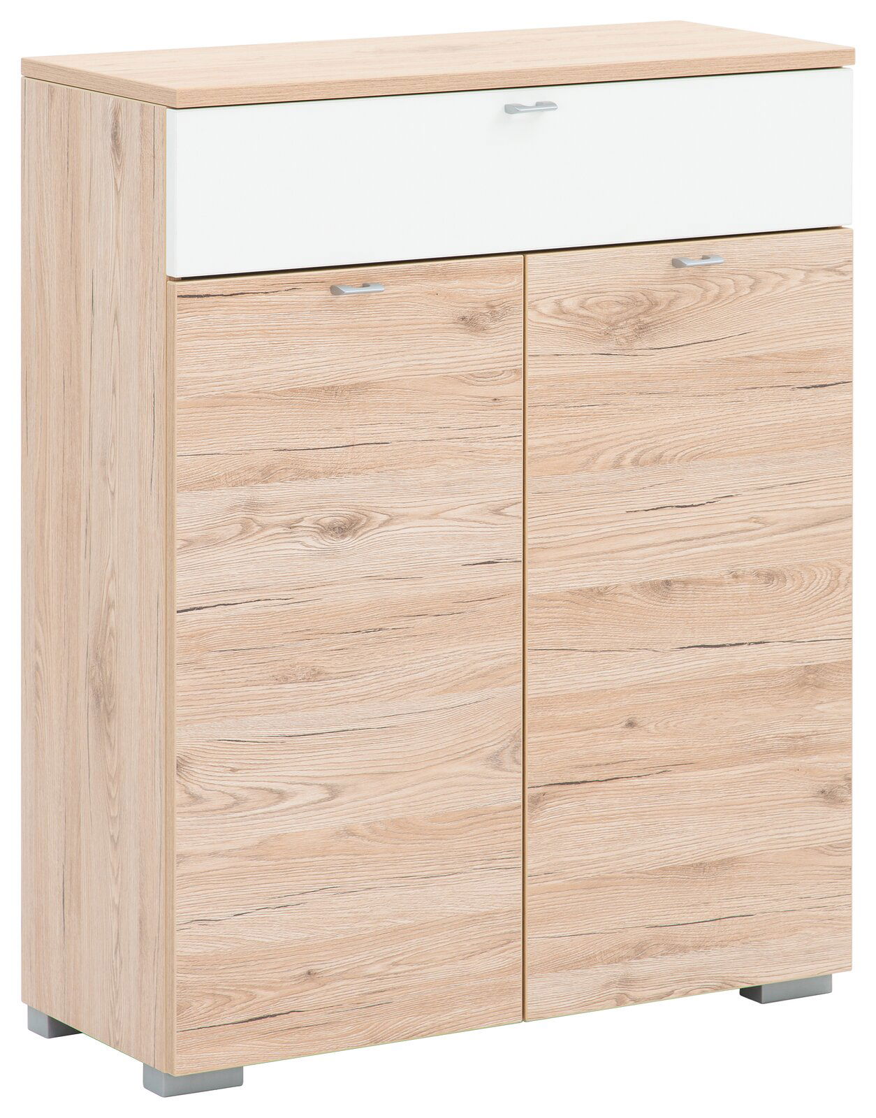 Moderano Schuhschrank BASIC Schuhschrank aus Holz mit zwei Türen und einer Schublade, Perspektive von vorne links