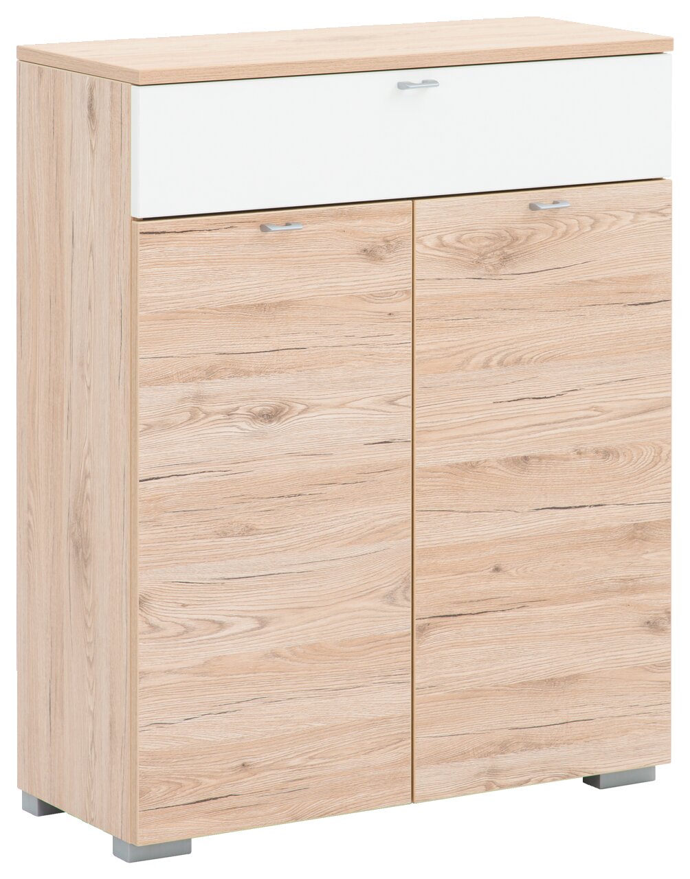 Schuhschrank aus Holz mit zwei Türen und einer Schublade, Perspektive von vorne links