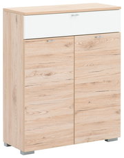 Schuhschrank aus Holz mit zwei Türen und einer Schublade, Perspektive von vorne links