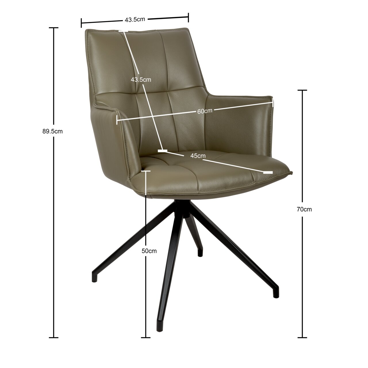 Olijfgroene gestoffeerde draaistoel met armleuningen en een zwart metalen stervoet, met afmetingen (hoogte 89,5 cm, zithoogte 50 cm, hoogte armleuningen 70 cm, breedte 60 cm, zitdiepte 45 cm, breedte rugleuning 43,5 cm), in schuin vooraanzicht.