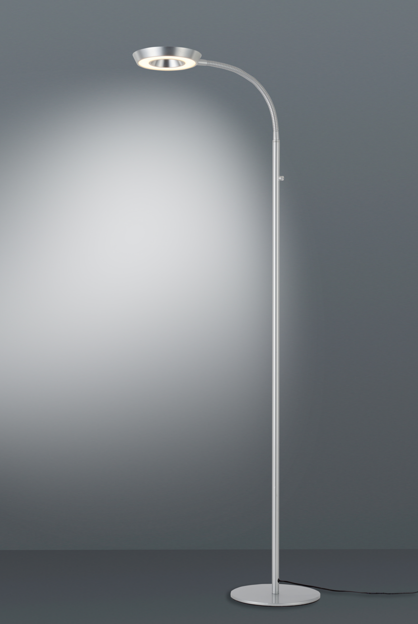Elegante LED-Steh- und Leseleuchte in silberner Farbe, seitliche Perspektive