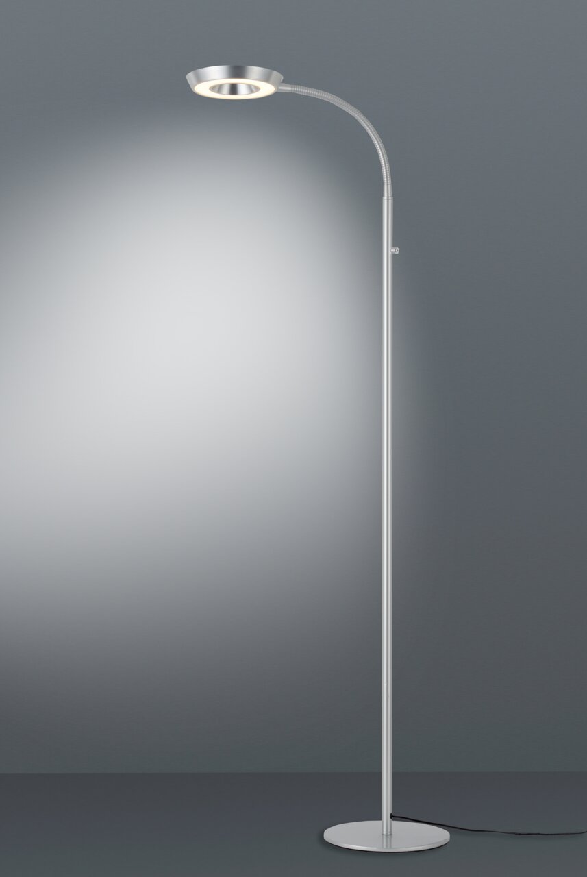 Elegante LED-Steh- und Leseleuchte in silberner Farbe, seitliche Perspektive