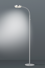 Elegante LED-Steh- und Leseleuchte in silberner Farbe, seitliche Perspektive