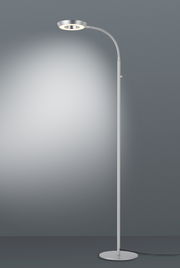 Elegante LED-Steh- und Leseleuchte in silberner Farbe, seitliche Perspektive