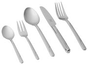 Set aus Edelstahlbesteck bestehend aus Messer, Gabel, Löffel, Kuchengabel und Teelöffel, seitliche Perspektive