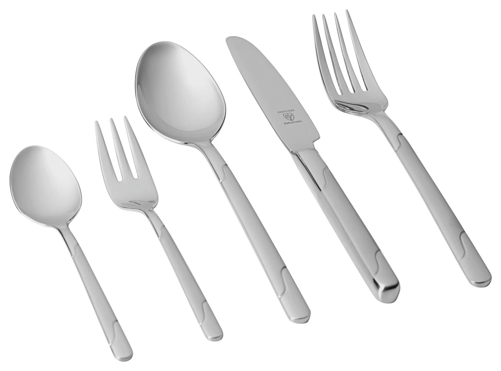 Set aus Edelstahlbesteck bestehend aus Messer, Gabel, Löffel, Kuchengabel und Teelöffel, seitliche Perspektive
