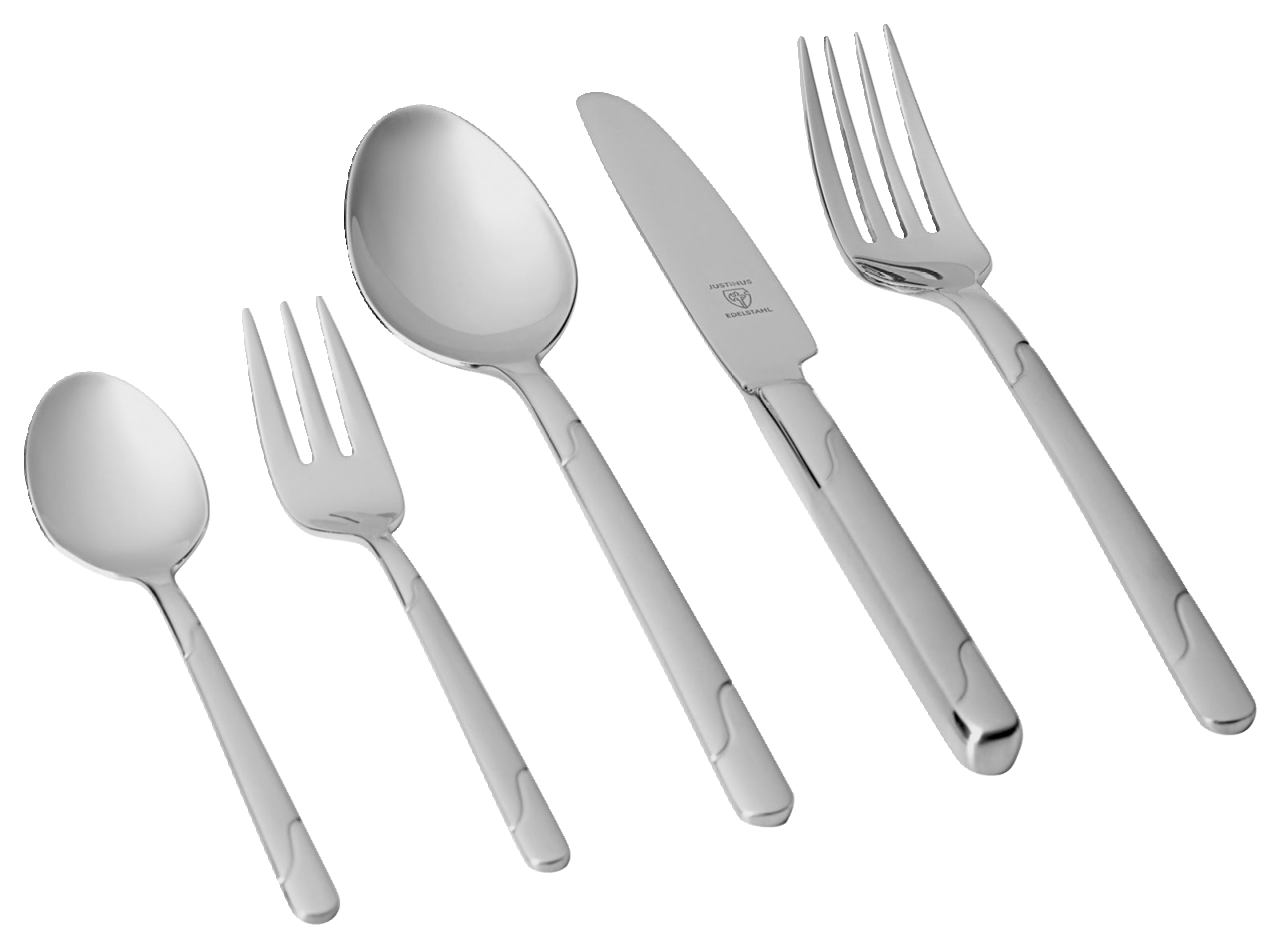 Set aus Edelstahlbesteck bestehend aus Messer, Gabel, Löffel, Kuchengabel und Teelöffel, seitliche Perspektive
