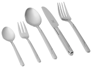 Set aus Edelstahlbesteck bestehend aus Messer, Gabel, Löffel, Kuchengabel und Teelöffel, seitliche Perspektive