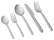 Set aus Edelstahlbesteck bestehend aus Messer, Gabel, Löffel, Kuchengabel und Teelöffel, seitliche Perspektive