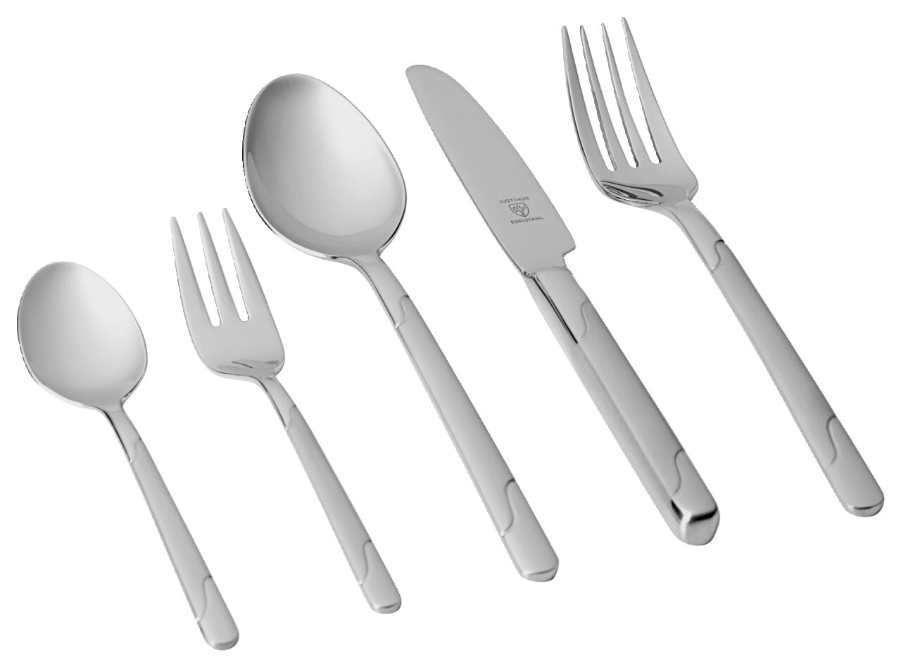 Set aus Edelstahlbesteck bestehend aus Messer, Gabel, Löffel, Kuchengabel und Teelöffel, seitliche Perspektive