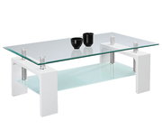 Moderner Couchtisch mit Glasplatte und weißem Gestell, seitliche Perspektive