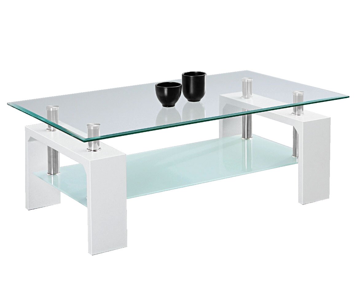 Moderner Couchtisch mit Glasplatte und weißem Gestell, seitliche Perspektive