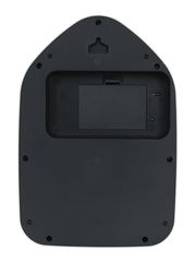 Rückansicht einer schwarzen Wanduhr mit Batteriefach und Aufhängung.