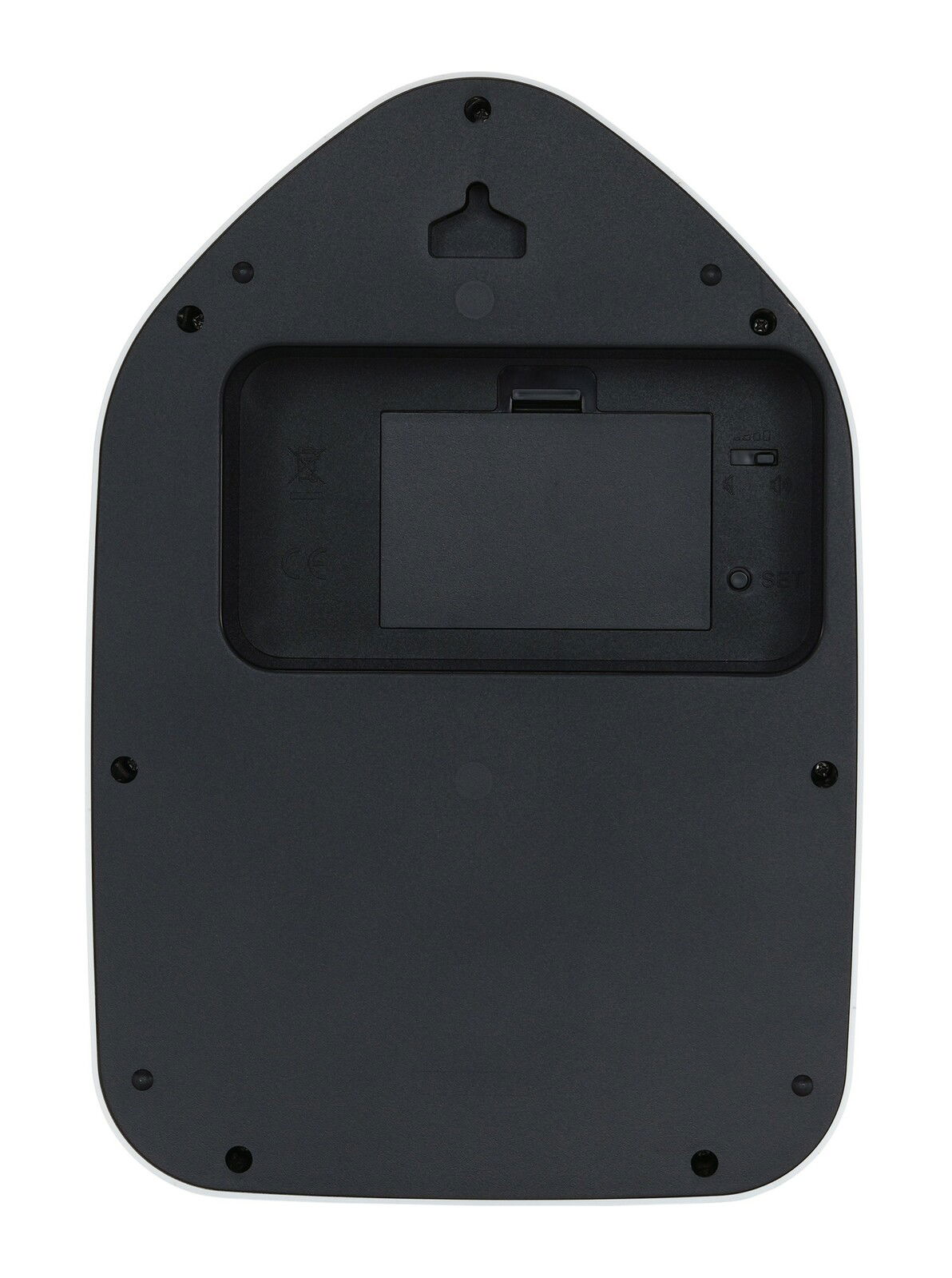 Rückansicht einer schwarzen Wanduhr mit Batteriefach und Aufhängung.