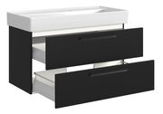 Waschtisch-Set mit zwei offenen Schubladen, schwarze Fronten und weißes Waschbecken, seitliche Perspektive