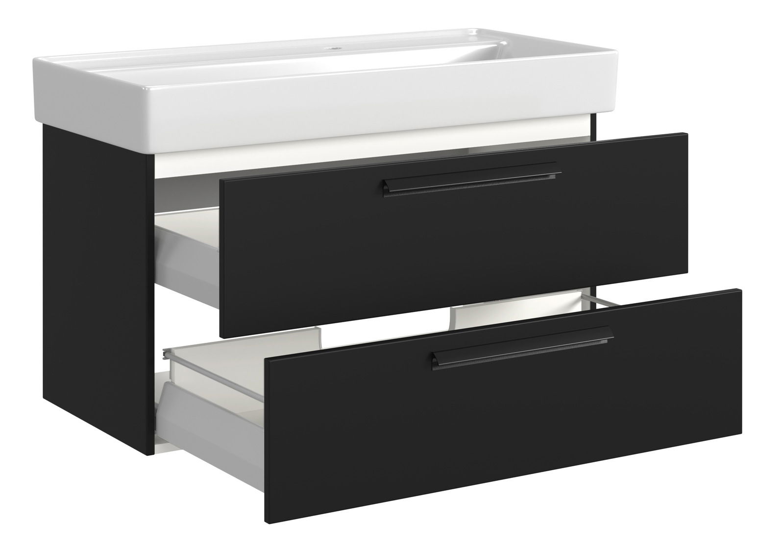 Waschtisch-Set mit zwei offenen Schubladen, schwarze Fronten und weißes Waschbecken, seitliche Perspektive