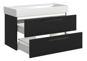Waschtisch-Set mit zwei offenen Schubladen, schwarze Fronten und weißes Waschbecken, seitliche Perspektive